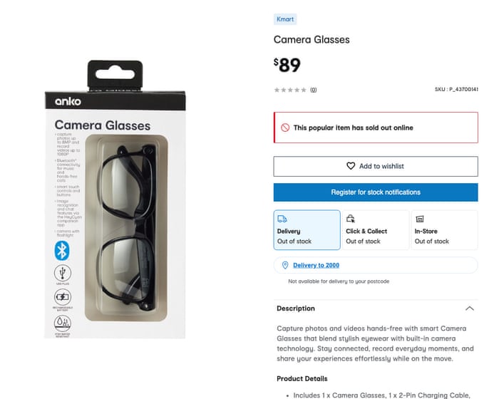 Kmart sells out of low-cost rival to Meta camera glasses across Australia amid warnings of ‘privacy nightmare’