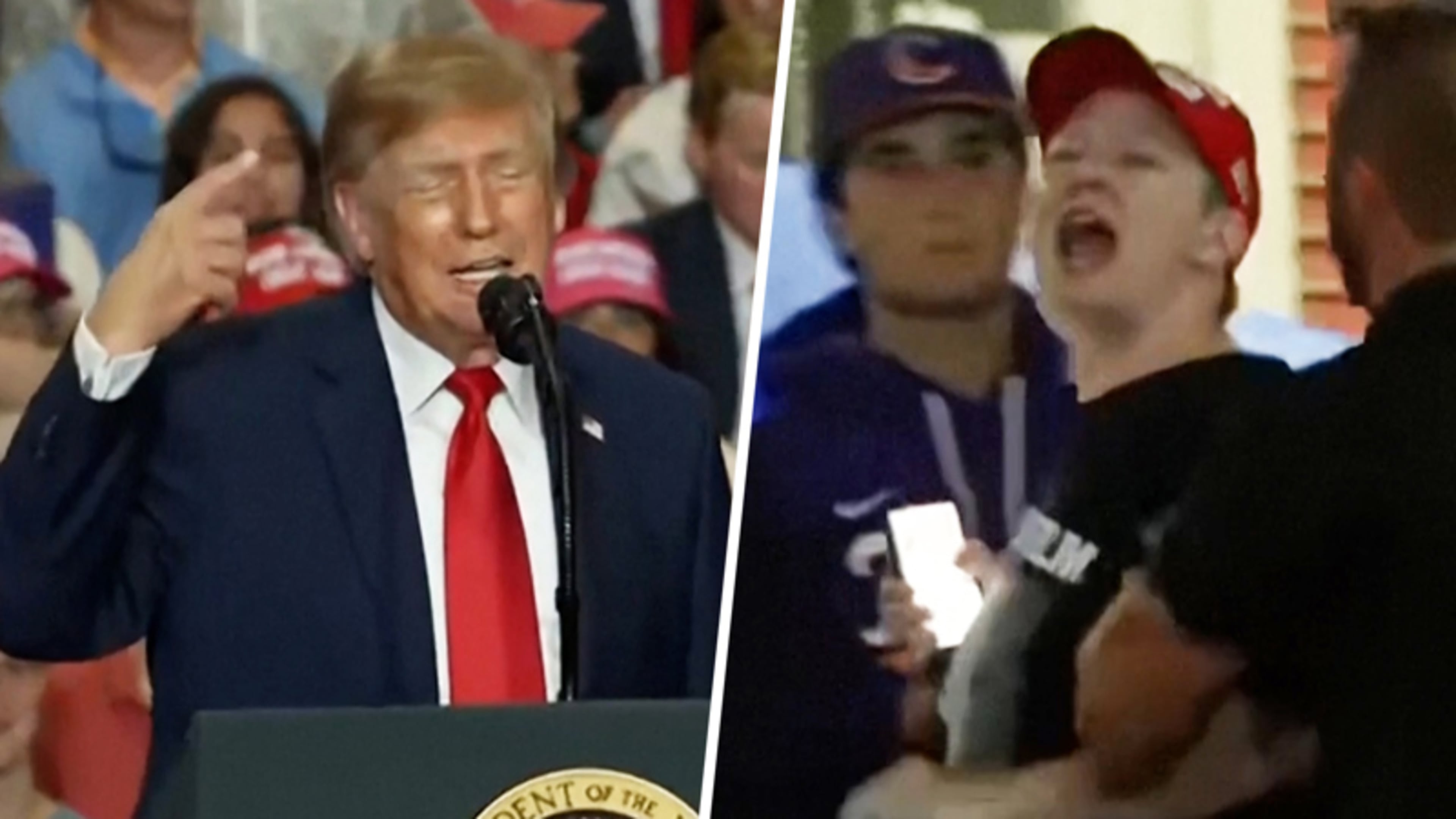 Rally Trump meermaals verstoord: klappen uitgedeeld en gevraagd om Epstein-files