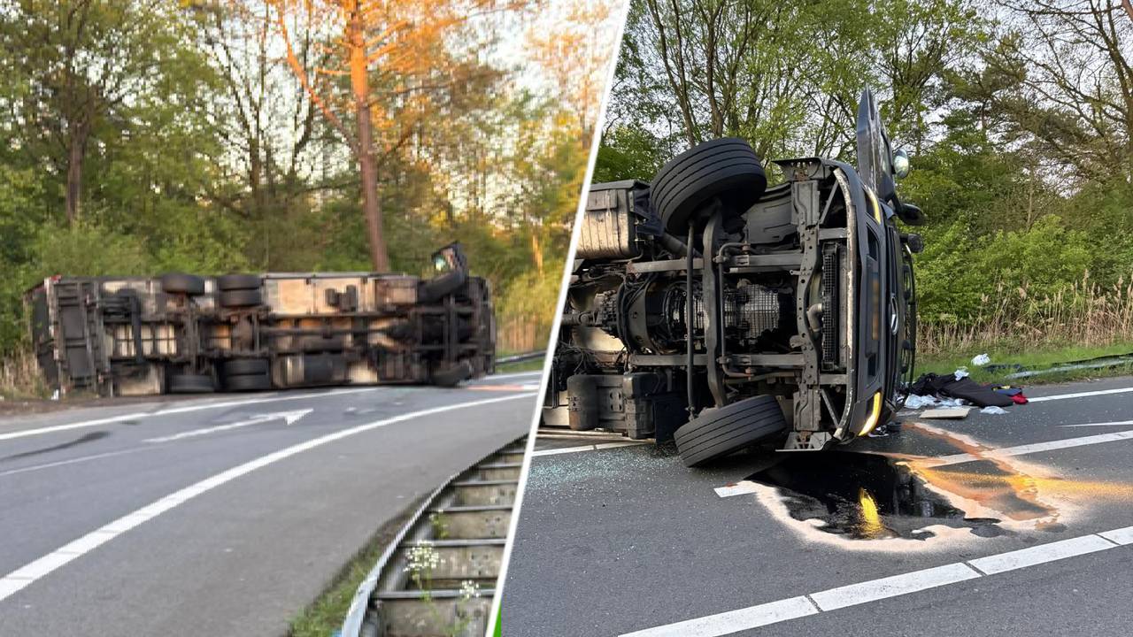 Afrit Bergen op Zoom dicht nadat vrachtwagen kantelt op A4