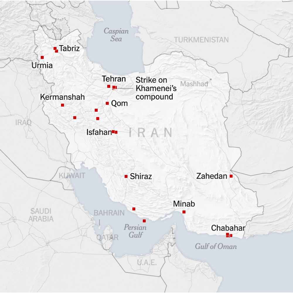 Maps: Where the U.S.-Led Strikes Hit Iran and Tehran’s Retaliation